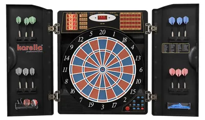 Produktbild von Dartautomat Karella CB-90 im Cabinet, elektronische Dartscheibe mit 38 Spielen und 211 Varianten, exakte Turniermaße in 2-Loch-Ausführung, inkl. 12 Softdarts