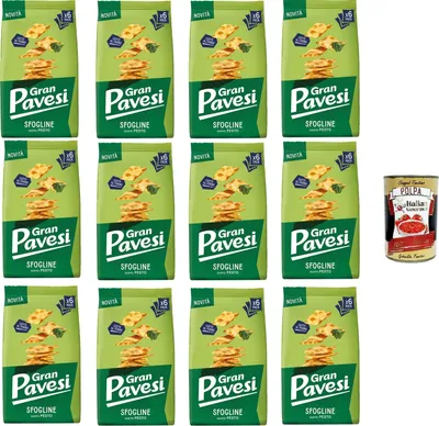 Produktbild von Gran Pavesi Sfogline Snack croccante di pasta sfoglia al gusto di Pesto Sfogline Knuspriger Blätterteig-Snack mit Pesto-Geschmack, gebacken 12x180gr + Italian Gourmet Polpa di Pomodoro 400g