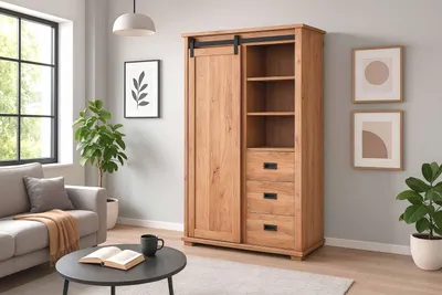 Produktbild von Kleiderschrank 100 x 45 x 175 cm Akazienholz massiv naturfarben ohne Baumkante LIANO 1