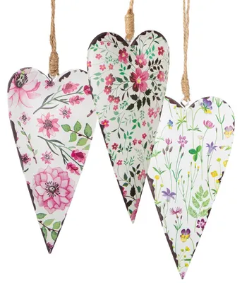 Produktbild von 3 Metallherzen zum Aufhängen - mit Blumenmuster beige rosa grün