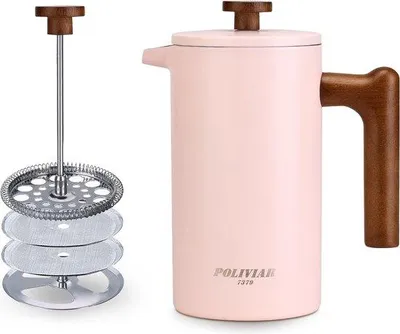 Produktbild von Französischer Kaffeebereiter, 1L, rosa, isoliert, Handfilter, Holzgriff