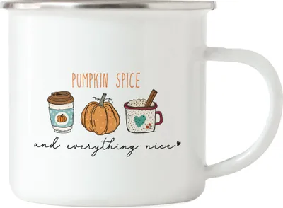 Produktbild von Pumpkin Spice And Everything Nice Emaille Tasse Kürbissuppe Kürbis Laubblätter Herbstblätter Herbstzeit Erntezeit Autumn