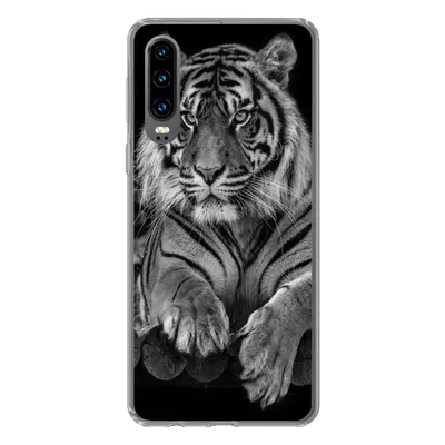 Produktbild von MuchoWow® Handyhülle Schutzhülle Hülle für Huawei P30 Sumatra-Tiger auf schwarzem Hintergrund Silikon Softcase Handy Hülle - Kartenbesitzer
