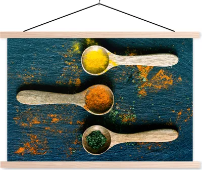 Produktbild von MuchoWow® Textilposter Gewürze - Löffel - Kräuter - Braun - Gelb - Grün 60x40 cm mit holzfarbenen Rahmen - Bilder
