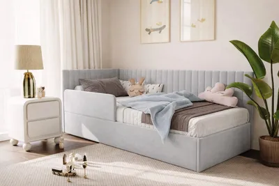 Produktbild von Bett Bubu 90x200 cm, Polsterbett mit Metallrahmen und Geländer, Jugendbett mit Bettkasten, Riviera-Stoff, Grau