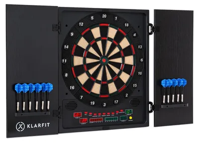 Obrázok produktu pre Klarfit elektronický šípkový terč, profesionálny šípkový terč pre deti a dospelých, elektronický šípkový terč s 12 farebnými šípkami a počítačom s LED displejom, elektrický šípkový terč s dvierkami a šípkami
