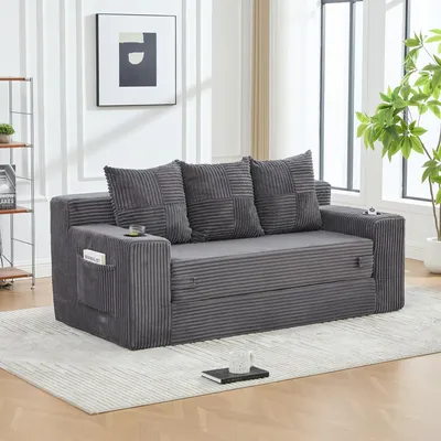 Produktbild von MODFU 3-Sitzer-Sofa Cord, Modulares Bodensofa, Relaxsofa mit Armlehnen und Getränkehaltern, großzügige Sitzfläche,Polstermöbel für Wohnzimmer,Grau