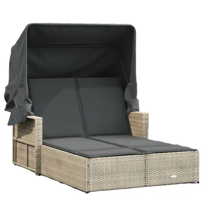 Image de vidaXL Bain de soleil double avec toit et coussins gris clair Poly rotin