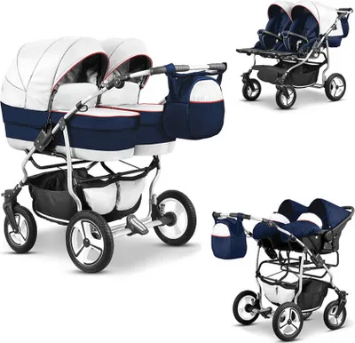 Produktbild von Zwillingskinderwagen Twin Star 4 in 1 Set in Navy-Weiß - 13 Teile - in 16 Farben erhältlich