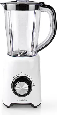 A white blender with a clear jug and black accents.