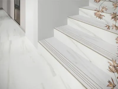 Produktbild von MIRAVA Feinsteinzeug Treppenstufe LUCCA Bianco grau schwarz matt 29,5 x 120 x 0,9 cm rektifiziert