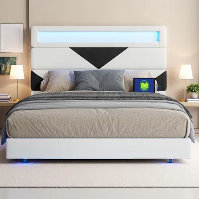 Immagine prodotto di Letto galleggiante 140 x 190 cm con illuminazione a LED e 2 porte USB, struttura letto con rete a doghe, letto per 2 persone con testiera, Beige+Nero