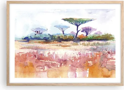 Produktbild von Gerahmtes Poster - Rahmen in heller Eiche - Aquarell Savanne Bäume - 70x50 cm - Wand Bild - Wanddeko - Wandbilder - Kunstposter - Wandposter - Bilderrahmen - Bilder - Kunstdruck - P2NAA70x50-4484