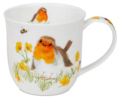 Bone China Kaffeetasse 450 ml mit Rotkehlchen-Motiv, handgefertigt