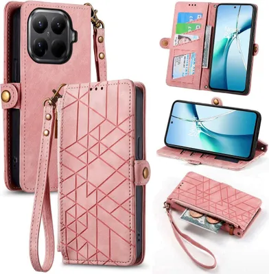 Produktbild von Für Xiaomi 15T Pro 5G Geometric Kunstleder Zipper Book Wallet Tasche Rosa