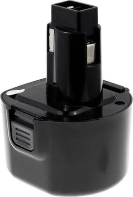 A black power tool battery pack shown from a slightly elevated side angle.