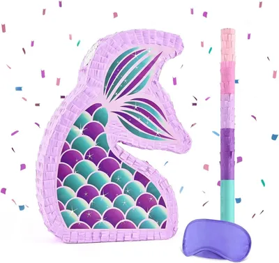 Productafbeelding van Zeemeermin piñata - Piñata zeemeermin verjaardag meisjes - Stok oogmasker paars verjaardagsdecoratie