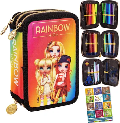 Produktbild von Federtasche 3-fache Federmappe Rainbow High Golden Style Motiv Federmäppchen 46-teilig gefüllte Schüleretui Stifte und Pinsel inkl. Aufgabenheft Federbox Etui Schul-Etui