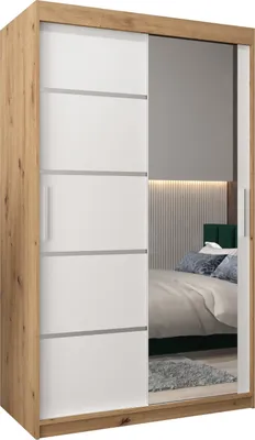 Produktbild von Kleiderschrank, Schiebetürenschrank Schlafzimmer, Schrank mit Spiegel VERONA 2 120 cm, Artisan Eiche + Weiß Matt