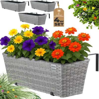 Produktbild von CASARIA® Blumenkasten 4er Set 11 Liter Montagehalterung Indoor Outdoor Geländerkasten Balkonkasten Pflanzkasten grau