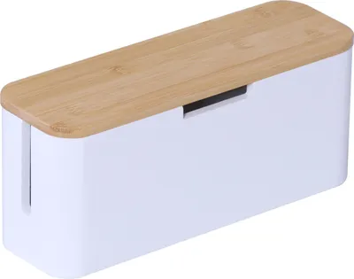 Produktbild von Relaxdays Kabelbox für Steckdosenleiste, Bambus, Deckel, 14,5x34x13,5 cm, Kabel verstecken, Steckdosenbox, natur/weiß