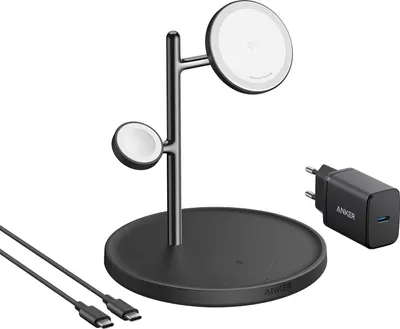 Produktbild von Anker MagGo - Induktive Ladematte - 3-in-1 + AC-Netzteil - 25 Watt - 3 Ausgabeanschlussstellen (kabelloses Laden) - Schwarz
