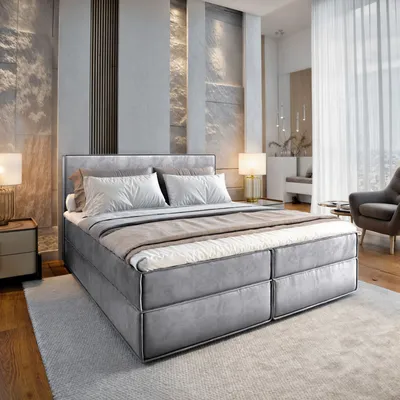 A modern bedroom with a large bed, bedside tables, and a chair.