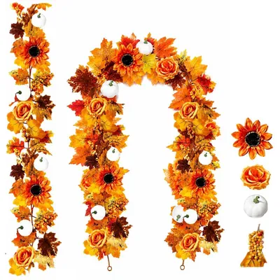 Image de Décoration d'automne : guirlande de 2 pièces avec des citrouilles et des feuilles d'érable, longueur de 1,78 mètre