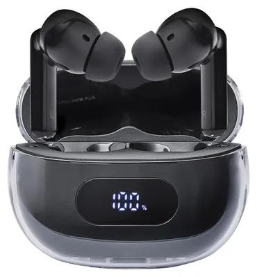 A pair of black true wireless stereo earbuds in their transparent charging case, with the charging case lid open.