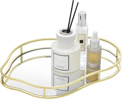 Image de Plateau miroir avec design ondulé - 28 x 21 x 3 cm - Plateau décoratif - Plateau pour bougies - Pour accessoires de salle de bain - Plateau avec rebord - Or