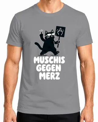 Productafbeelding van Muschis tegen Merz, kat, middelvinger, protest, statement, sarcasme, heren T-shirt, grijs, XXL