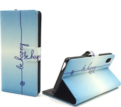 Produktbild von Handyhülle Tasche für Handy Sony Xperia M4 Aqua Schriftzug Be Happy Blau