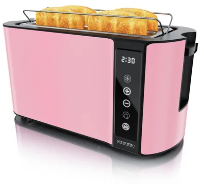 Image de Toaster Arendo Frukost, modèle tactile, 4 fentes, 1500 W. Grille-pain à fentes longues avec écran tactile et affichage du temps de fonctionnement restant. 7 niveaux de brunissage, accessoire pour petits pains, bac à miettes. Couleur : rose
