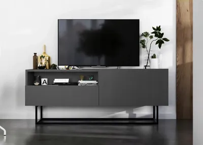 Produktbild von TV-Schrank Enjoy TV-Lowboard Loft Style Schwarze Metall Fußgestell Modern Lindner Möbel 120cm x 46cm x 35cm Farbe: Graphit matt - Graphit matt