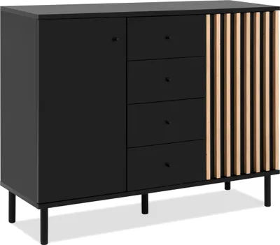 Image de Sideboard >Monza< 2 Türen, 4 Schubladen, 2 Böden, 3D-Lamellen-Optik, schwarz / Dekor Artisan Eiche - 118x90x40cm (BxHxT)