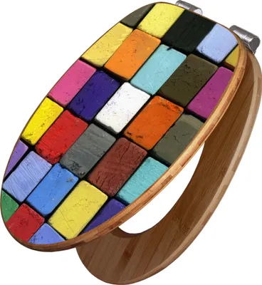 A toilet seat with a colorful pastel chalk design on a white background.