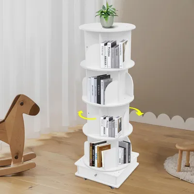 Zdjęcie produktu dla Obrotna w 360 stopni regał na książki, biały, 4 półki, drewniany, stojący na podłodze