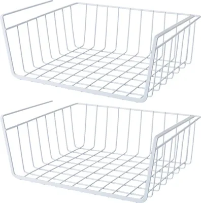 Produktbild von Metallaufbewahrung, weiße Drahtkörbe für unter den Schrank, 2 Stück, Maße: 40,6 x 26,9 x 14 cm