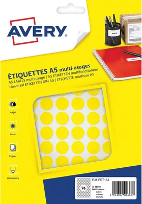 Obrázek produktu pro Avery PET15J, žlutá, laserový/inkoustový tisk, 96 kusů, 1,5 cm, 960 kusů