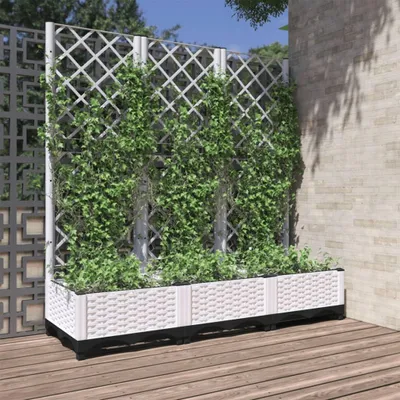 Obrázek produktu pro Bílý plastový květináč s opěrkou pro popínavé rostliny, vhodný na terasu a balkon