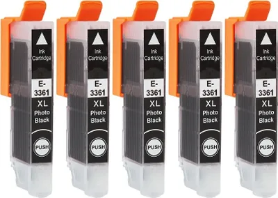 A group of five black ink cartridges with orange tops, arranged in a row against a white background.
