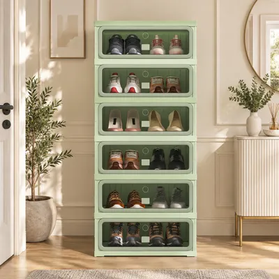 Imagen del producto de INONEFT - Zapatero estrecho con 6 niveles y puerta, estante de plástico para 12 pares de zapatos, solución de almacenamiento para zapatos que ahorra espacio, 45x34x106 cm, color verde