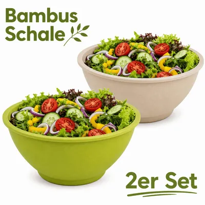 Produktbild von Salatschüssel 2er Set Bambus Salat Bowl Schale Servierschüssel Beige + Grün 23cm