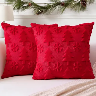Produktbild von 2er Set Kissenbezüge Weicher Plüsch Wollsamt Rot 35x35cm Weihnachtsbaum Schneeflocke