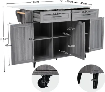 A grey kitchen island with drawers and cabinets, shown with dimensions and close-ups of the wheels and legs.
