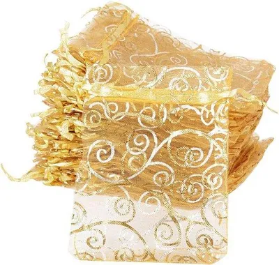 Obrázek produktu pro Organzové sáčky 8 x 11 cm - 100 kusů - Dárkové sáčky na svatby, Vánoce a večírky - organzové sáčky se zlatým vzorem