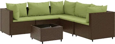 A brown poly rattan sectional outdoor sofa set with light green cushions and a matching coffee table, shown against a white background.