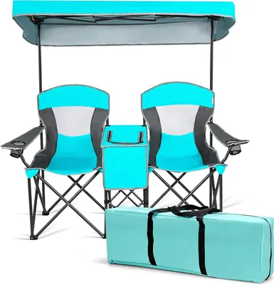 Produktbild von GOPLUS Campingstuhl faltbar, Angelstuhl mit Sonnendach für 2 Personen, Klappstuhl mit Kühltasche, Getränkehalter & Tragetasche, Gartenstuhl (Seeblau)