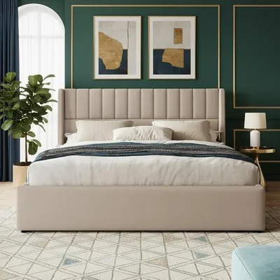 Immagine prodotto di Letto imbottito 160 x 200 cm, letto matrimoniale con spazio contenitore, struttura in metallo, rete a listelli in legno, letto multifunzionale, colori: lino e beige. Non include il materasso (beige, 160 x 200 cm)