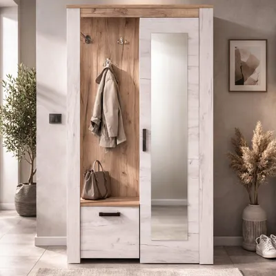 Immagine prodotto di Dmora Mobile da Ingresso Valva 114x37x195h cm Bianco Larice, Specchio Incluso 5 Ripiani